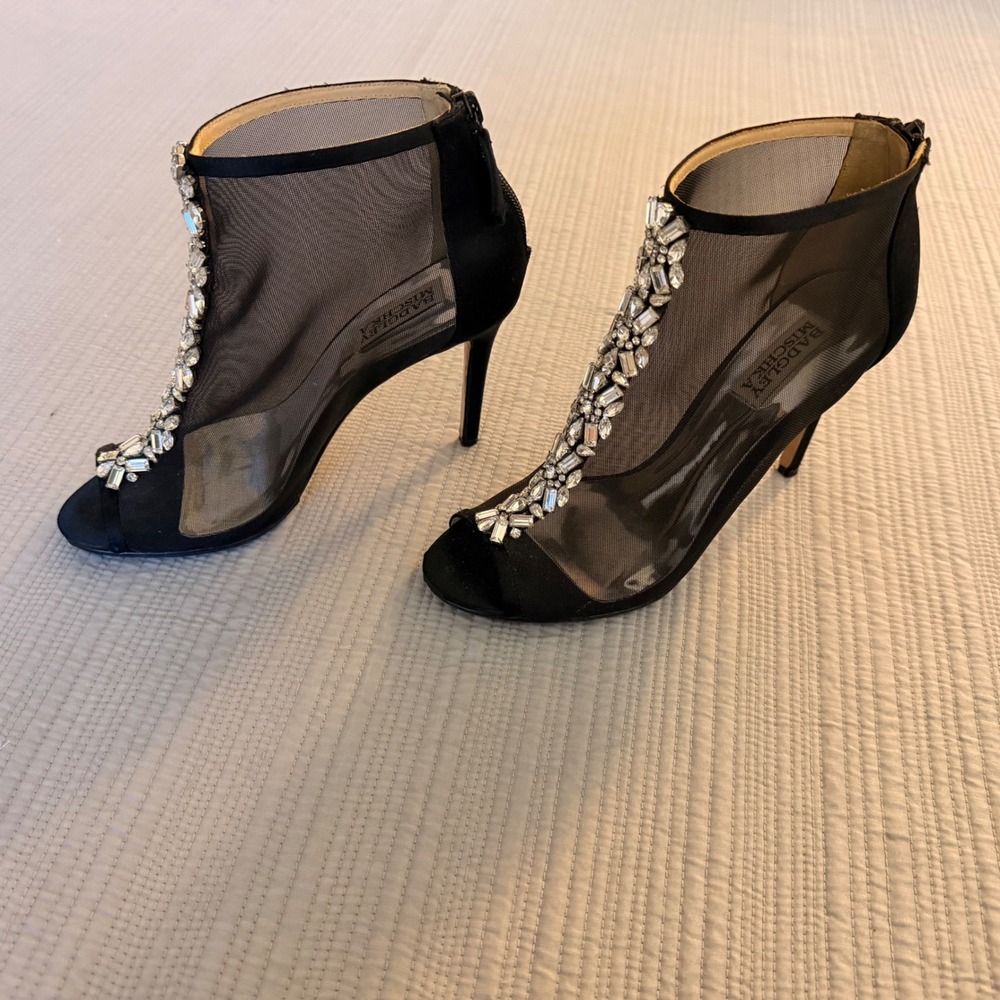 Badgley Mischka Womens Black Mesh Crystal Embellished Peep Toe Booties Heels 7.5